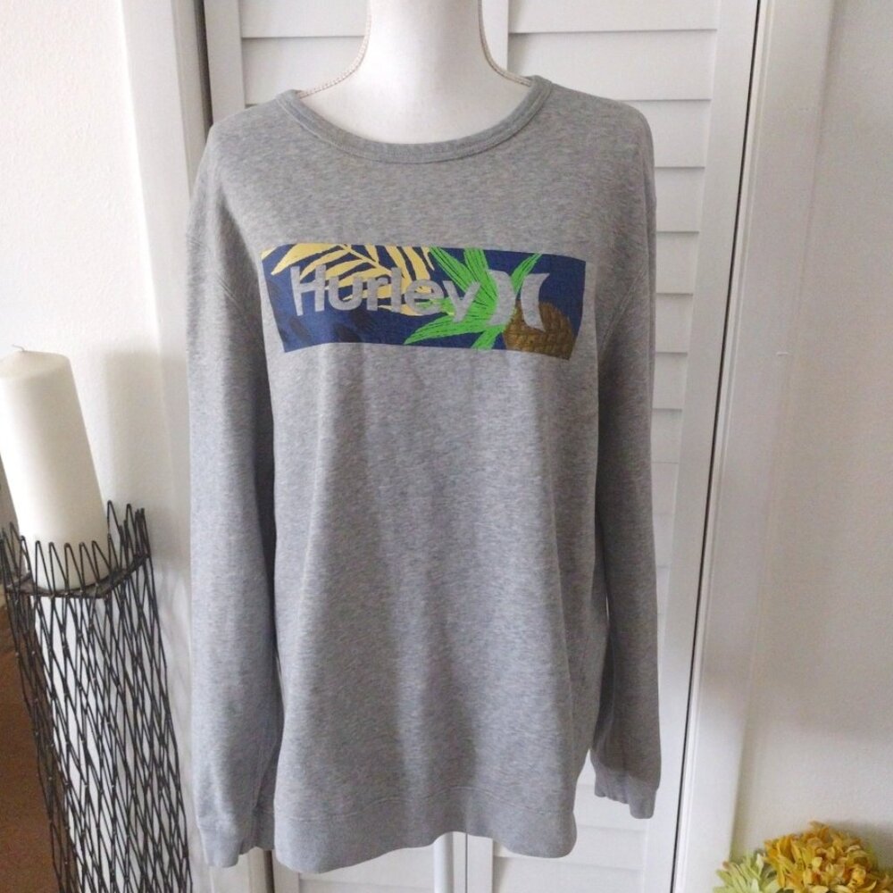 Hurley fleece lined gray women's sweatshirt tropical logo long sleeve Sz L